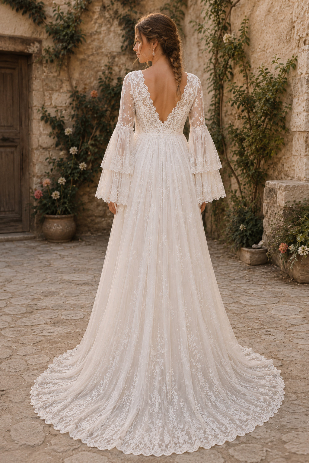 Ivory Long Bell Sleeve Lace Maternity Wedding Dress with Tiered Sleeves back view