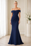 Dark Navy Off-the-Shoulder Stretch Satin Mermaid Evening Dress with Side Ruching front view
