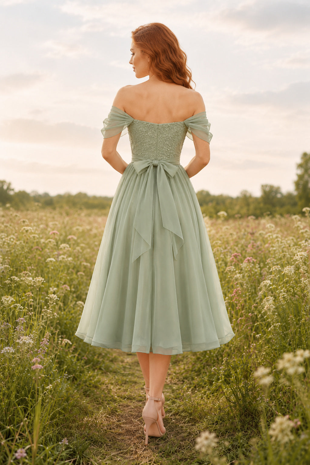 Sage Off Shoulder Chiffon Dress with Bow Back Tea Length A-Line Bridesmaid Dress back view