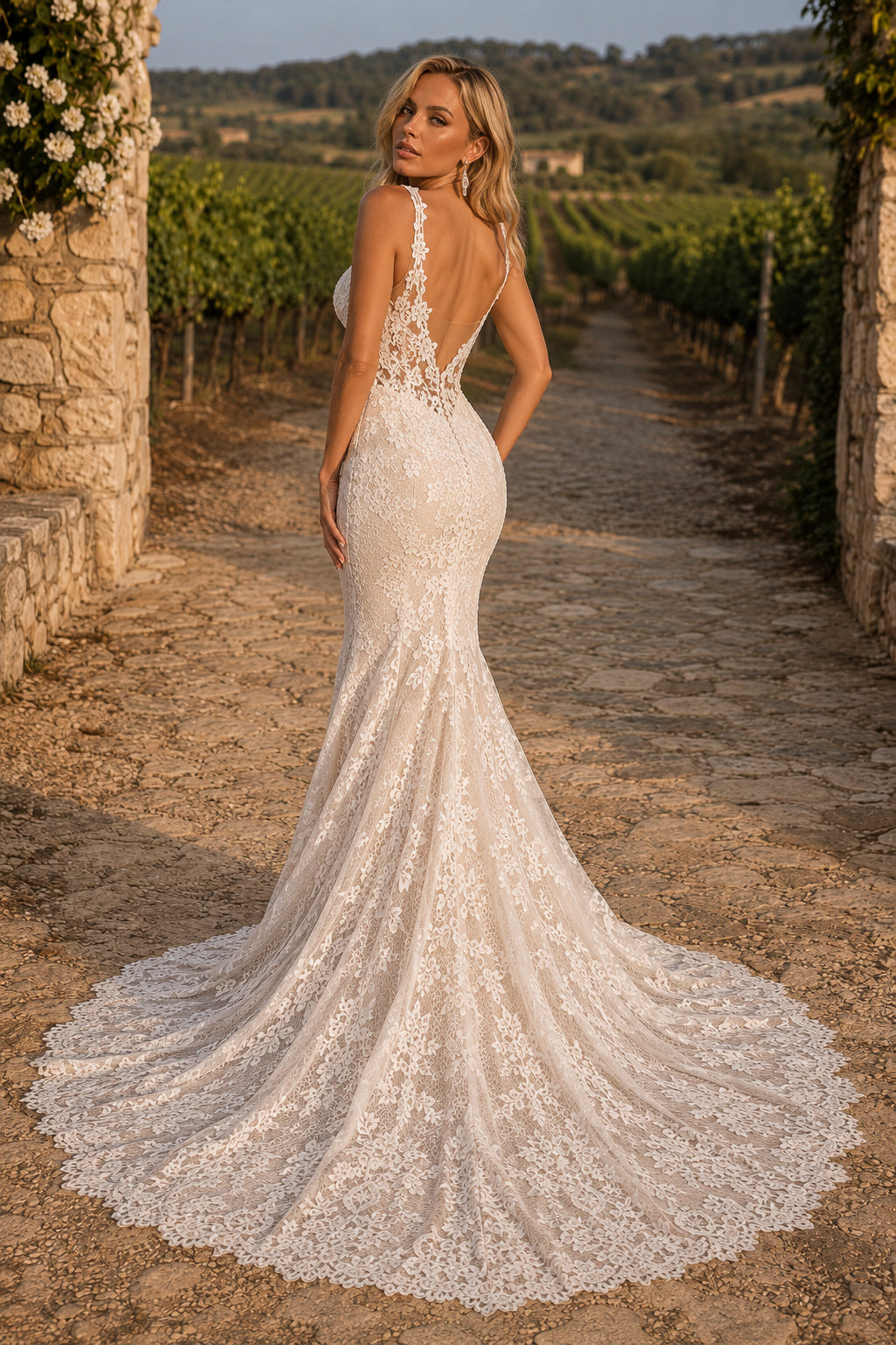 Ivory Spaghetti Lace Mermaid Wedding Dress Chapel Train for Wedding Ceremony and Reception Style MG_701425 back view
