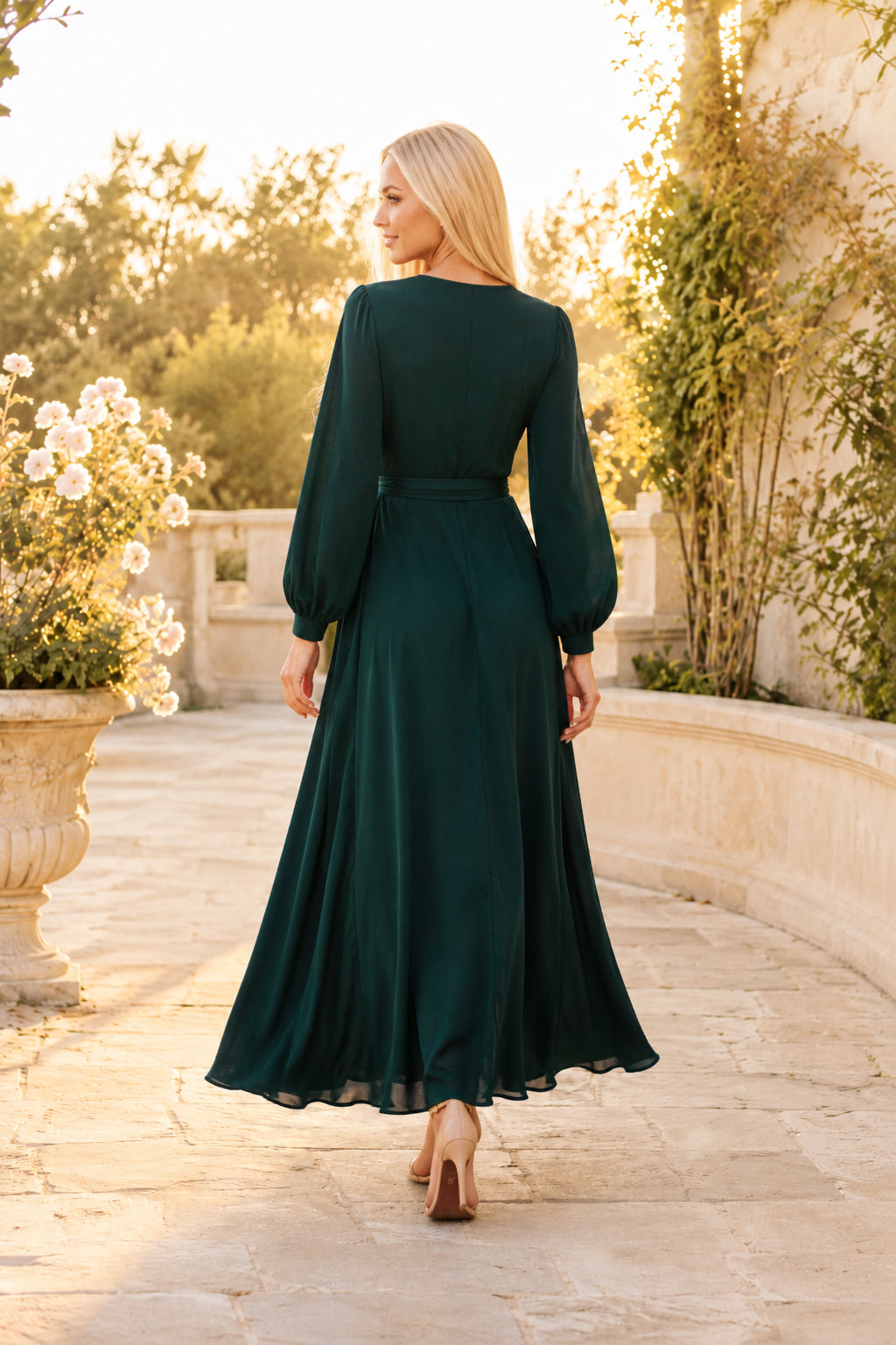 Dark Green Long Sleeve Chiffon Wrap A-Line Dress with V-Neck and Front Slit back view