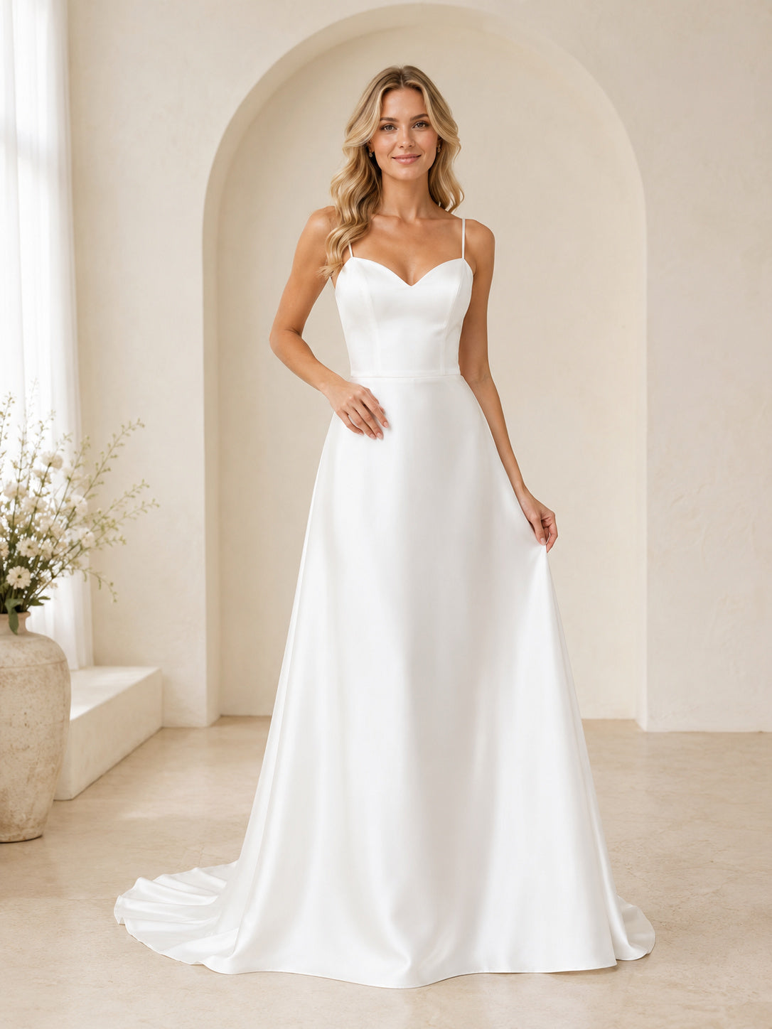 Budget Sweetheart Satin Wedding A Line Spaghetti Strap Court Train front view