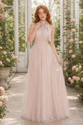High-Neck Sleeveless A-Line Tulle Floor-Length Dress With Lace Bodice