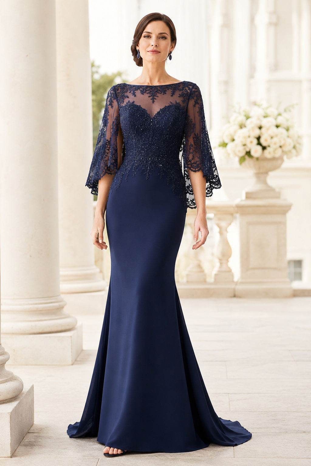 Dark Navy Lace Sleeve Mermaid Mother of the Bride Dress with Bell Sleeves front view