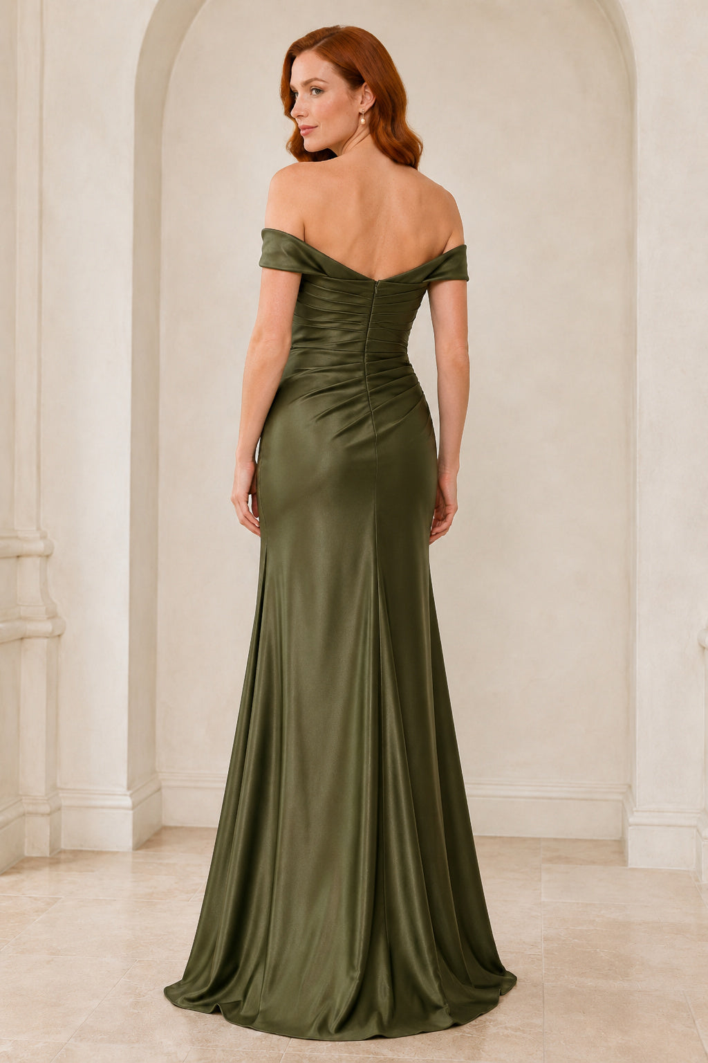 Dark Green Off-the-Shoulder Satin Mermaid Bridesmaid Dress with Ruched Bodice back view