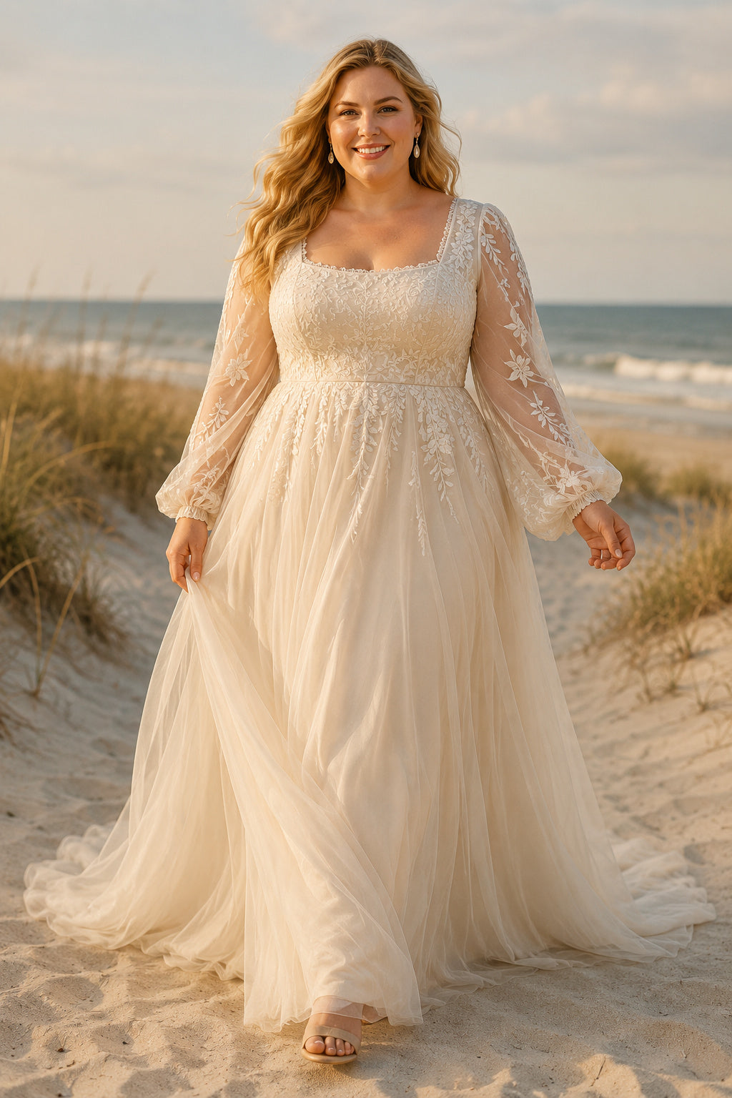 Plus Size Ivory Scoop Neck Bell Sleeve Lace Tulle A-Line Wedding Dress with Bell Sleeves and Soft Chiffon Skirt front view