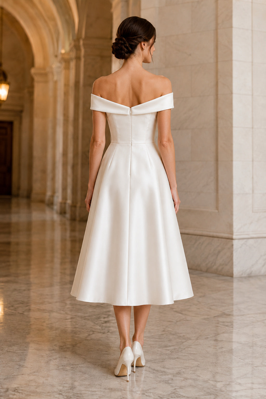 Off-the-Shoulder Satin Tea-Length Wedding Dress with Full Skirt back view