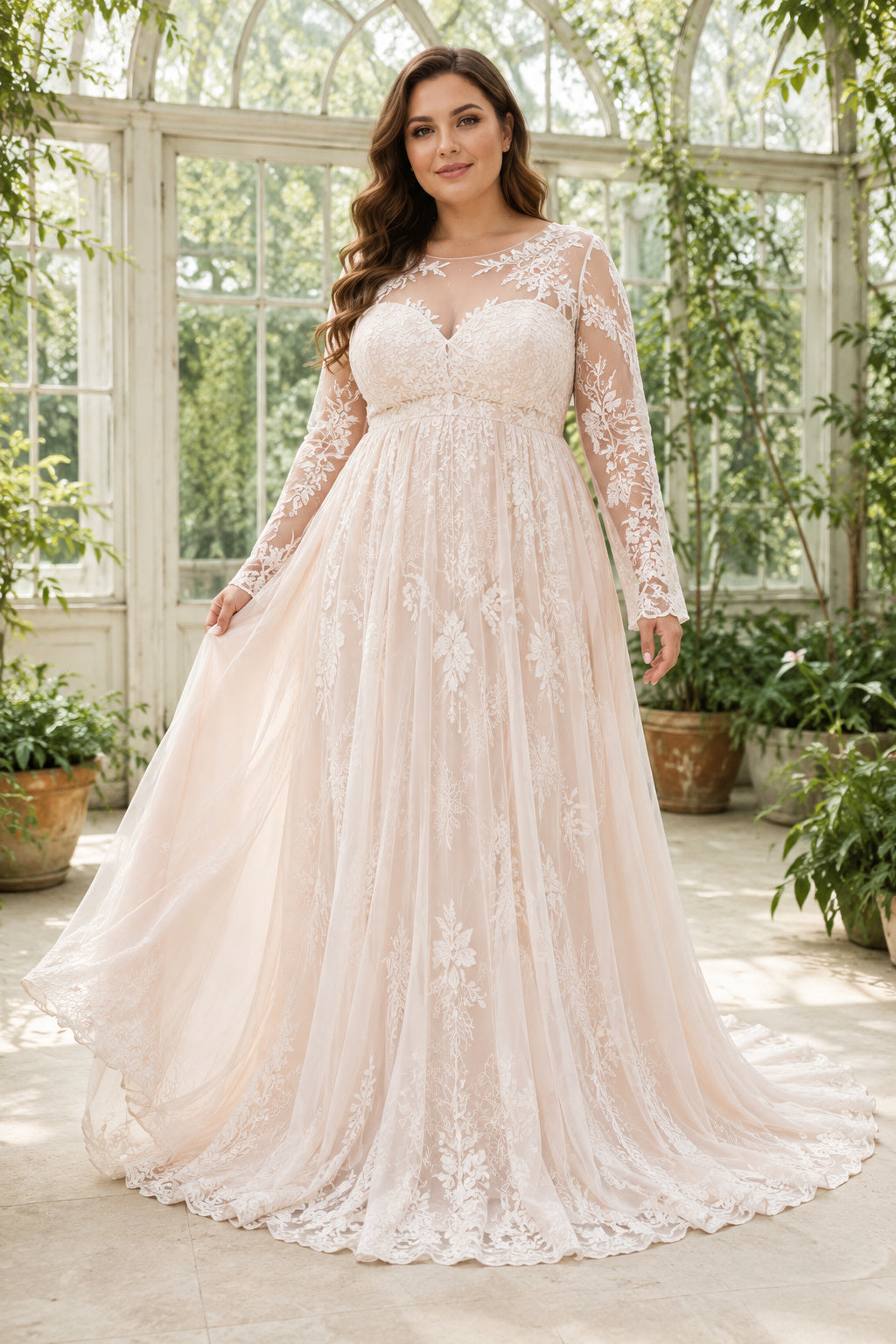 Plus Size Ivory V-Neck Long Illusion Sleeve Lace Tulle A-Line Wedding Dress with Illusion Sleeves and Tulle Chapel Train fron