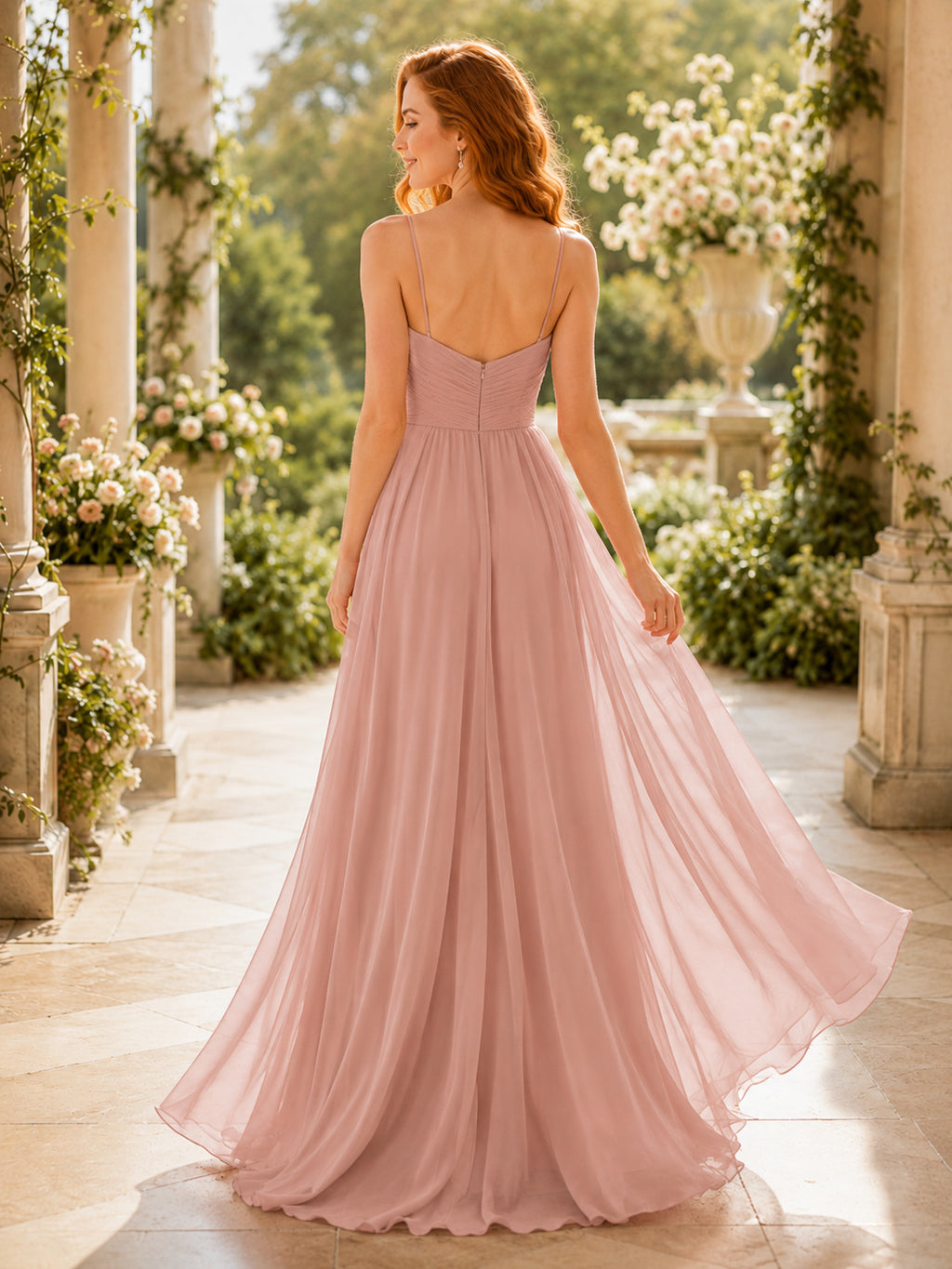 Blush Spaghetti Chiffon Zip Back Slit Gown back view