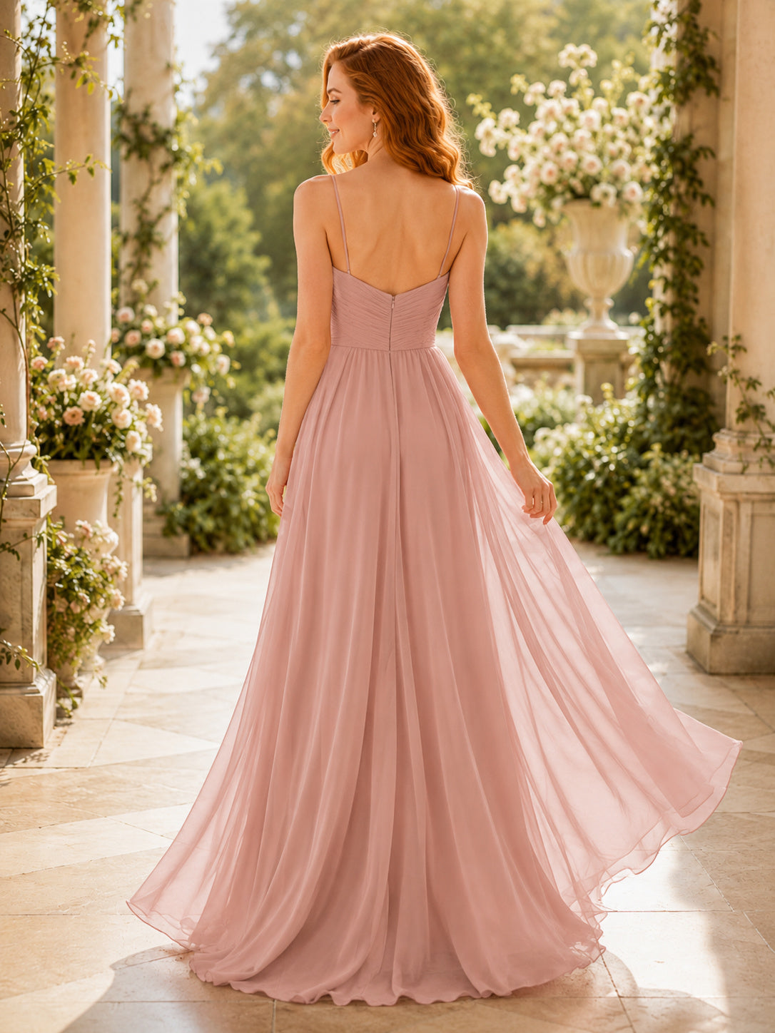 Blush Spaghetti Chiffon Zip Back Slit Gown back view