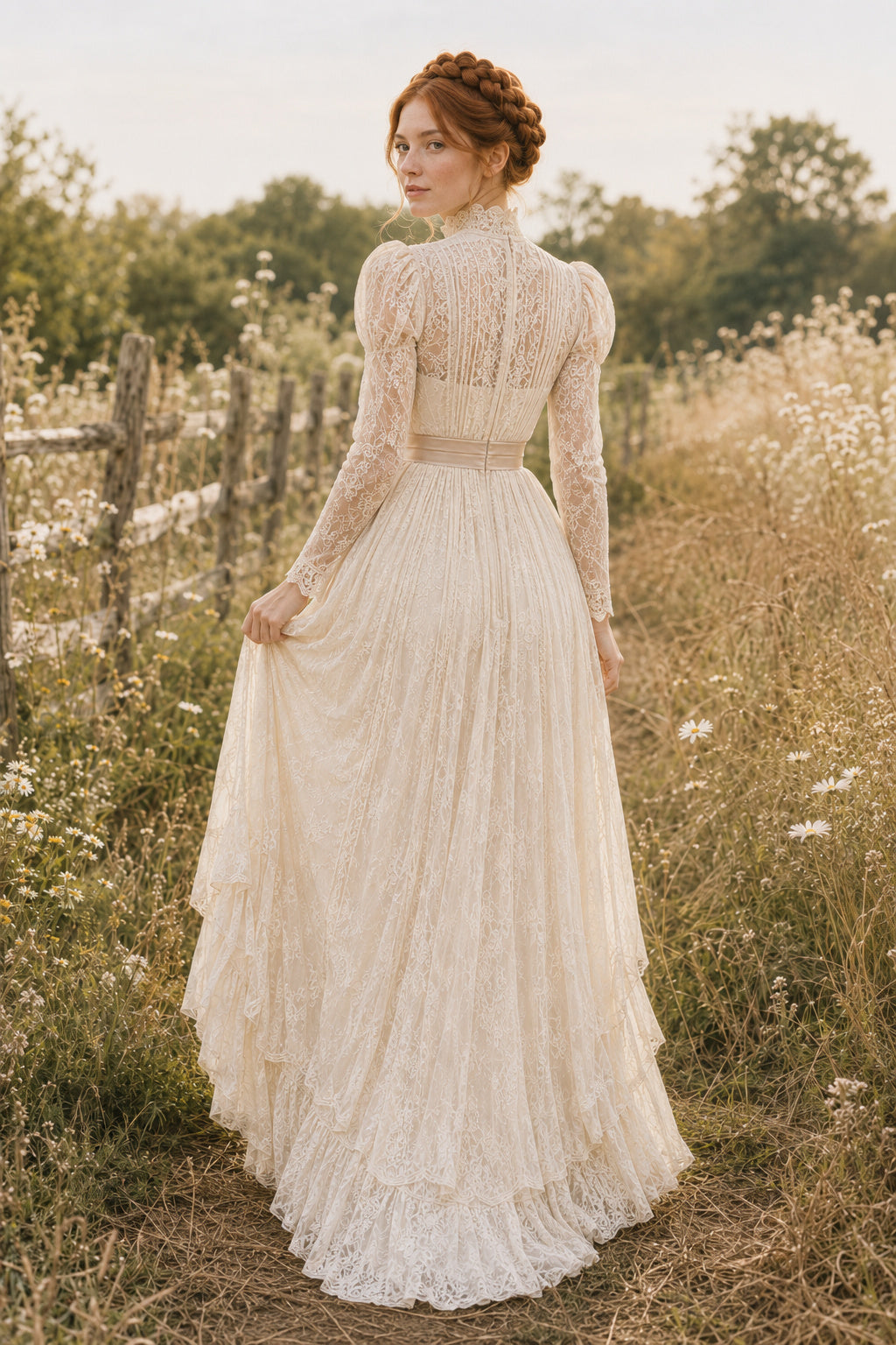 Ivory Two Piece High Neck Lace A-Line Wedding Dress Train for Wedding Ceremony and Reception back view