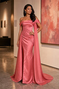 Rose Off-the-Shoulder Sheath Satin Floor-Length Dress With Draped Cape