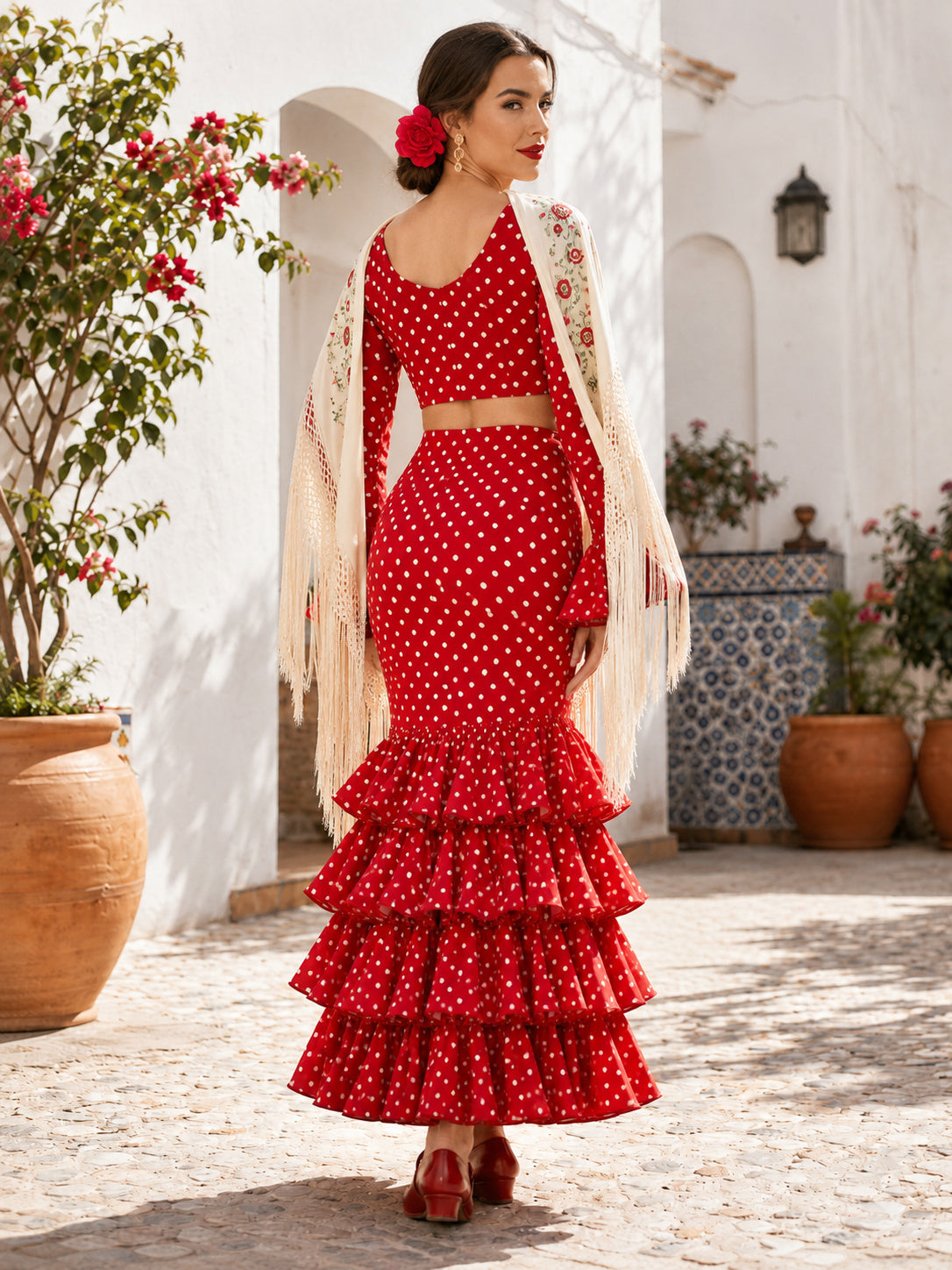 Red White Polka Dot Sweetheart Ruffle Crop Top Tiered Mermaid Two Piece Flamenco Set back view