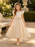 Champagne Cap Sleeve Tulle A-Line Flower Girl Dress with jewel Neckline and Tea length Skirt with Bow Detail front view