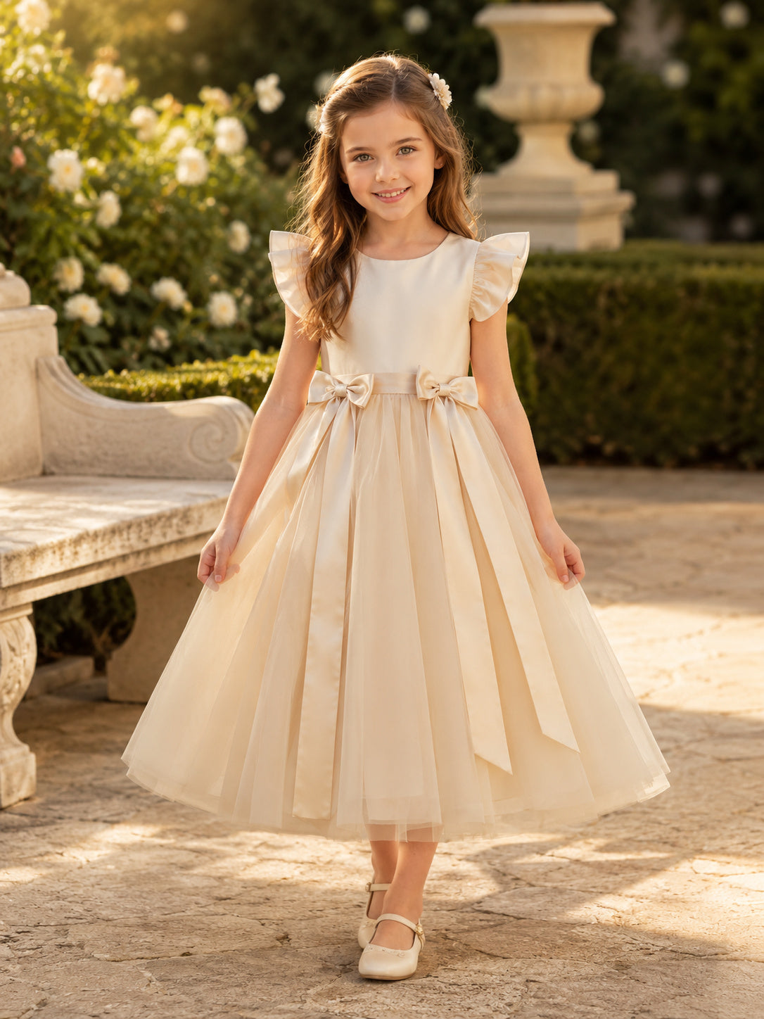 Champagne Cap Sleeve Tulle A-Line Flower Girl Dress with jewel Neckline and Tea length Skirt with Bow Detail front view