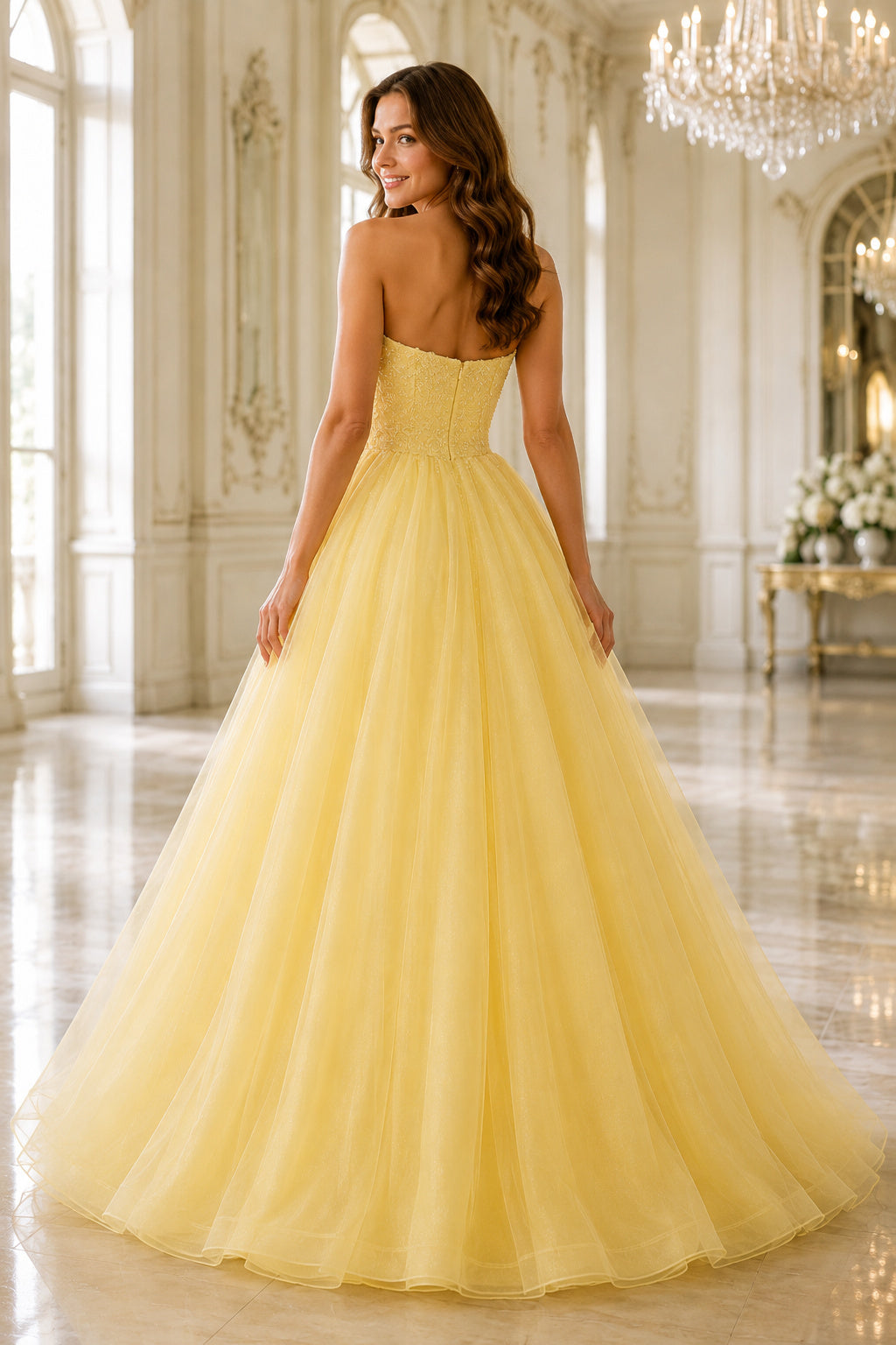 Prom Dress Daffodil Tulle Ball Gown Strapless Floor Length back view
