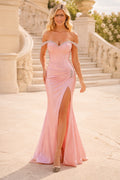 Pearl Pink Off-the-Shoulder Satin Mermaid Formal Dress with Sweetheart Neck and Split front view