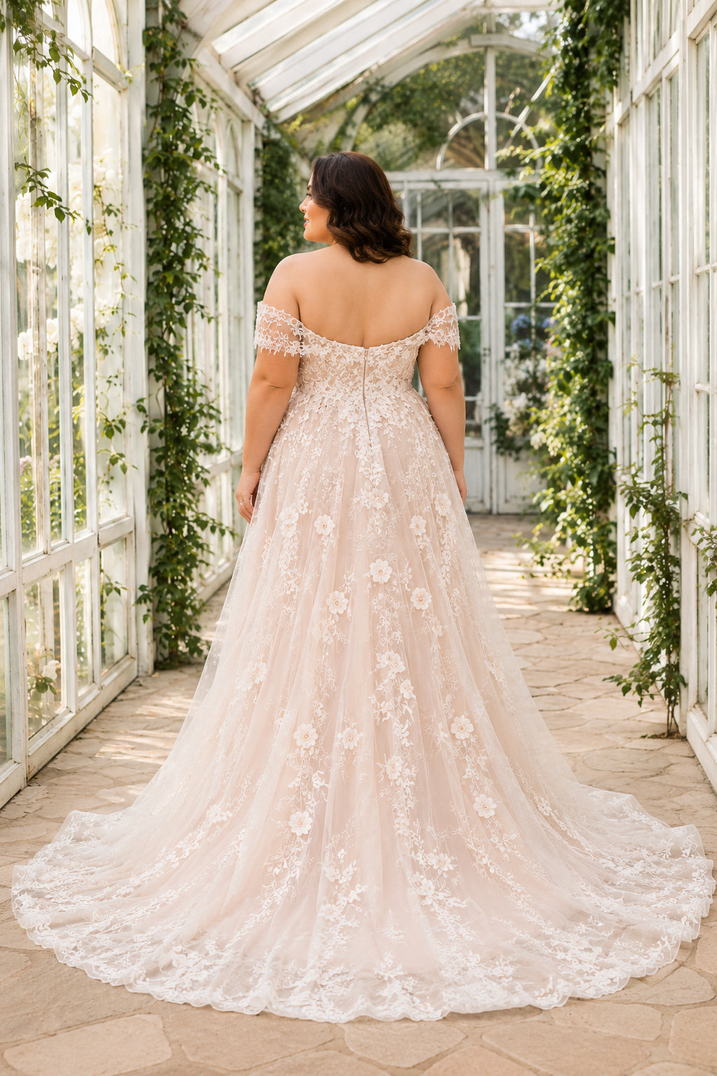 Plus Size Blushing Pink Off-the-Shoulder Flutter Sleeve Lace Tulle A-Line Wedding Dress with Floral Appliques back view