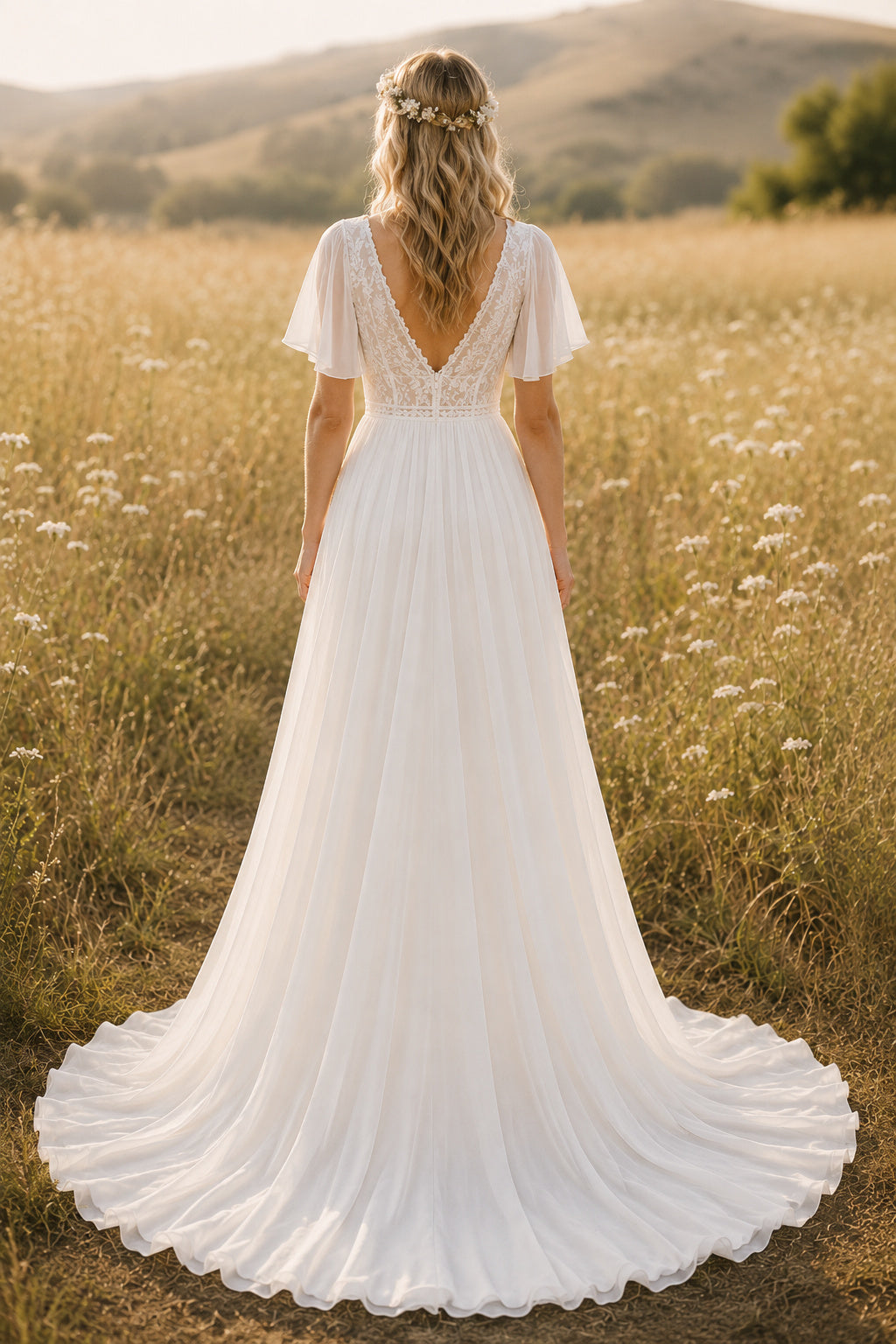 Ivory V-Neck Flutter Sleeve Chiffon A-Line Wedding Dress with Deep V Back and Train Style MG_701197 back view