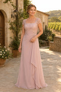 Pearl Pink Square Neck Chiffon A-Line Mother Dress with Lace Cap Sleeves and Side Drape front view