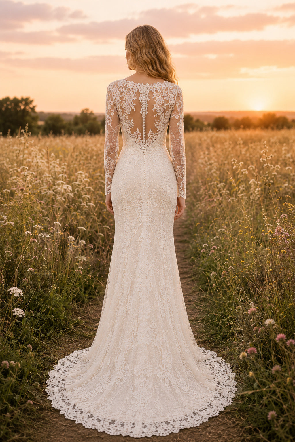 Ivory Long Sleeve Lace Mermaid Wedding Dress with V-Neck Illusion Back and Sweep Train back view