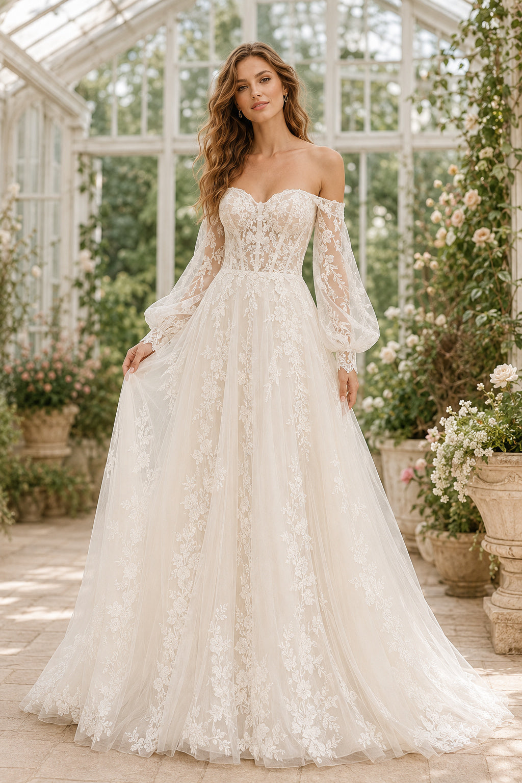 Ivory Off-the-Shoulder Lace Ball Gown Wedding Dress with Bell Sleeves and Tulle Skirt front view