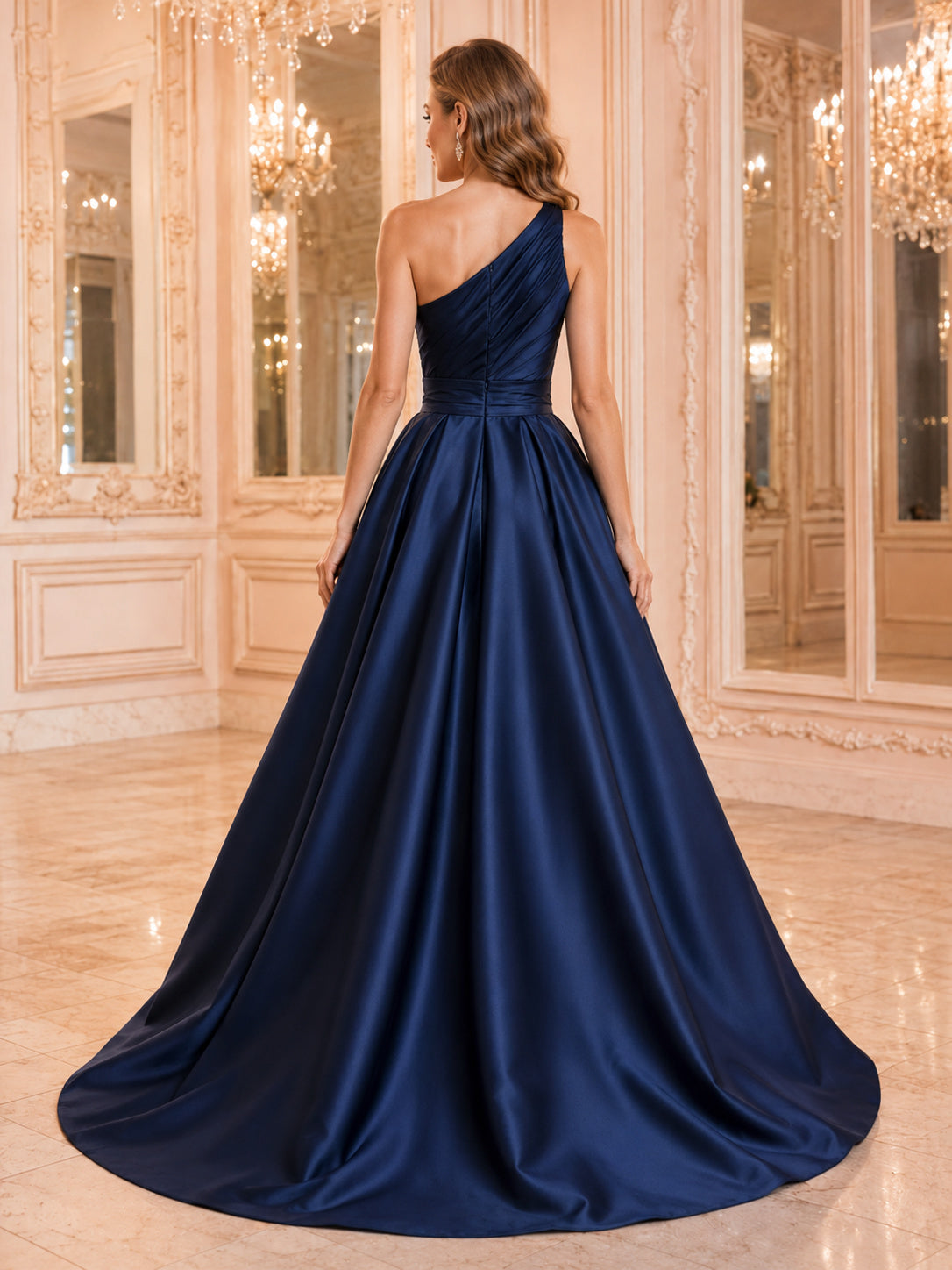 Navy Blue One Shoulder Satin Ball Gown Chapel Train Wedding Dress back view