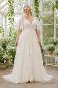 Plus Size Ivory V-Neck Flutter Sleeve Lace Tulle A-Line Wedding Dress with Flutter Sleeves and Floral Lace Panel front view