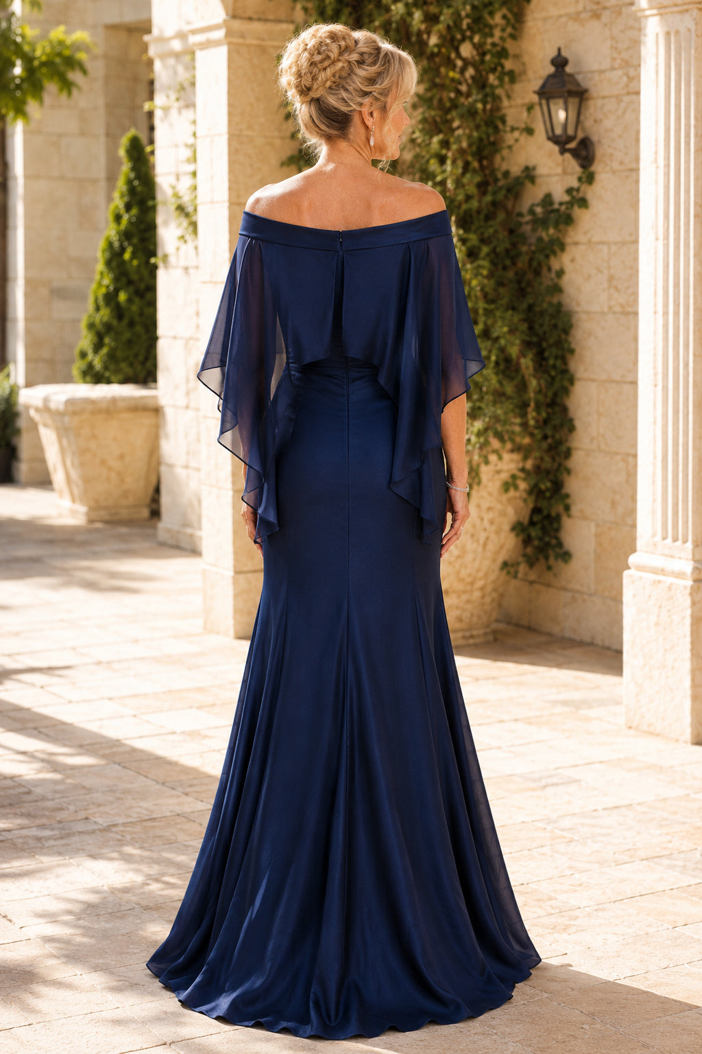 Dark Navy Off Shoulder Mermaid Mother Dress with Draped Cape Sleeves and Satin Finish back view