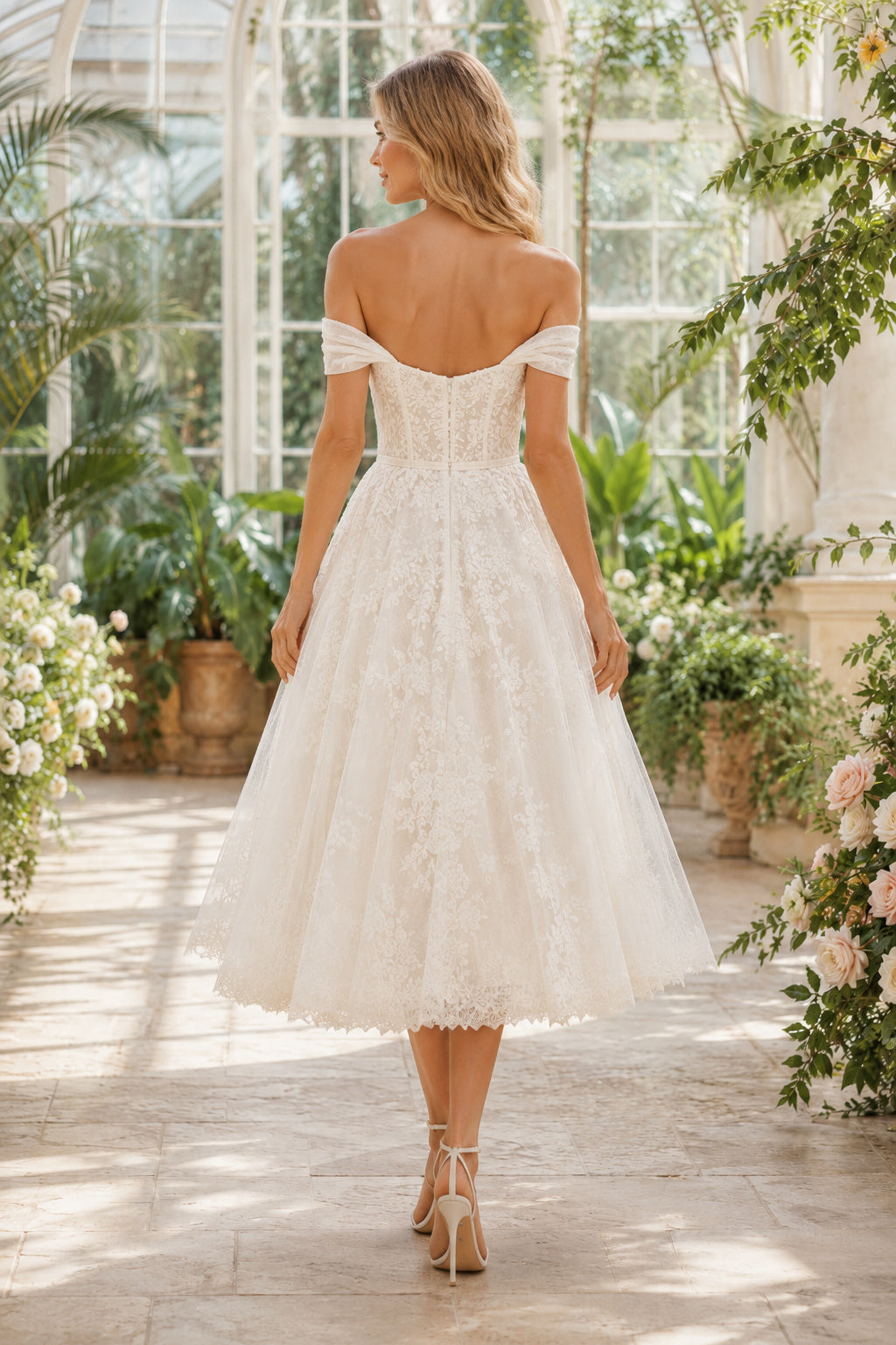 Ivory Off Shoulder Lace Tulle Tea Length Wedding Dress for Wedding Reception and Party Style MG_700990 back view
