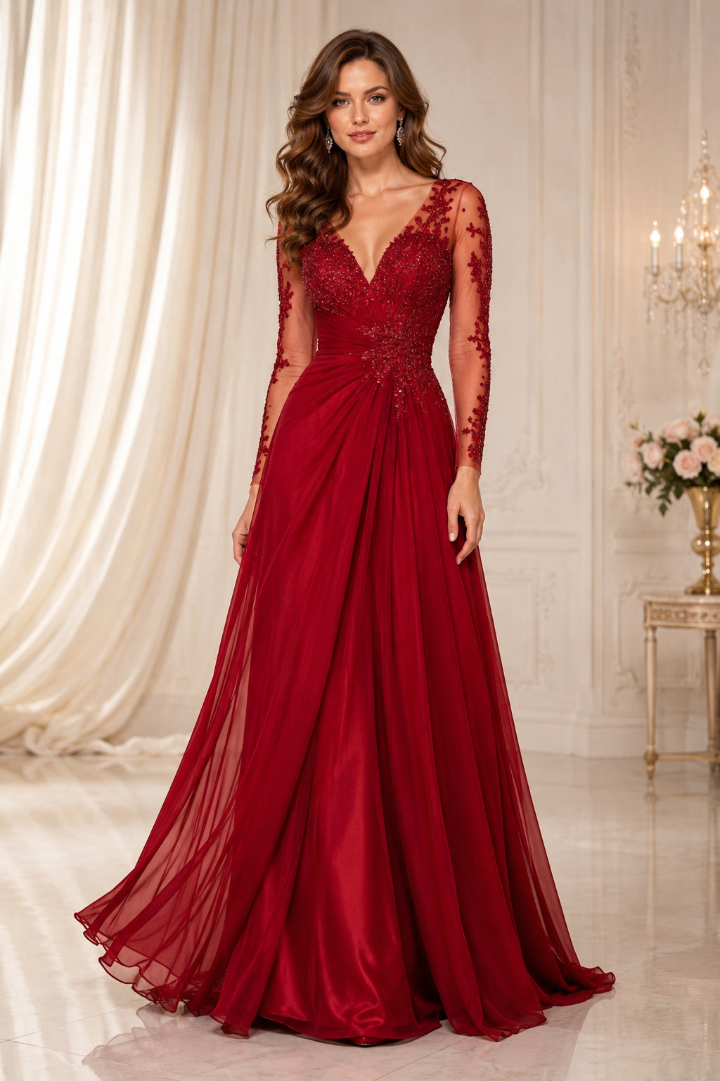 Red Red Long Sleeve Lace A Line Gown with Chiffon Skirt and Train Floor Length And Sweep/Brush Train A Line Formal Dress fron
