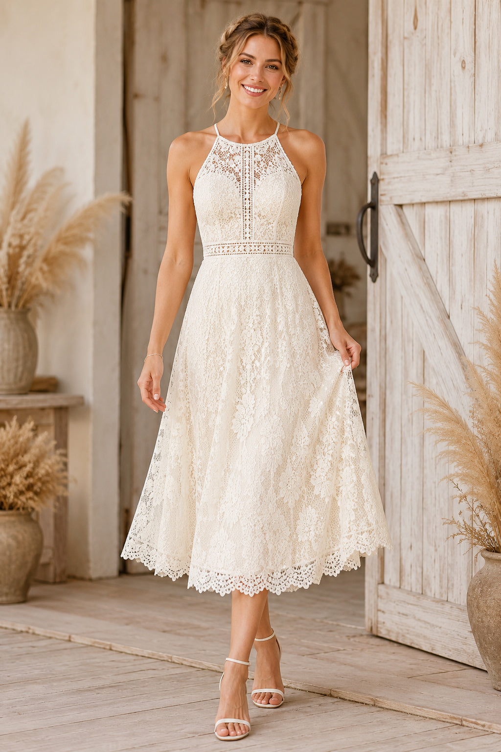 Ivory Halter High Neck Lace Tea Length Wedding Dress for Wedding Reception and Party front view