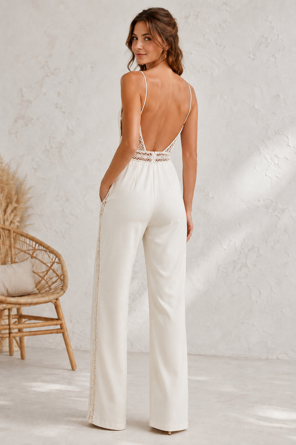 Ivory Cowl Spaghetti Strap Sleeveless Satin Floor-Length Bridal Jumpsuit with Draped Cowl Bodice and Beaded Waist back view