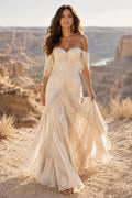 Champagne Off-the-Shoulder Fringe Boho A-Line Wedding Dress with Lace Bodice front view