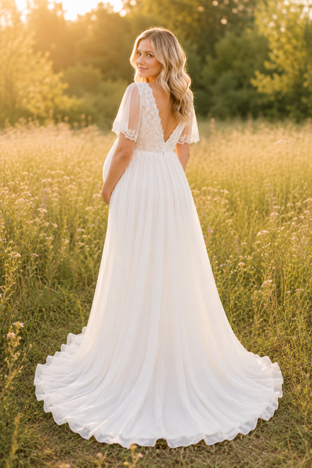 Ivory Cap Sleeve Chiffon Maternity Wedding Dress with V-Neck and Train back view