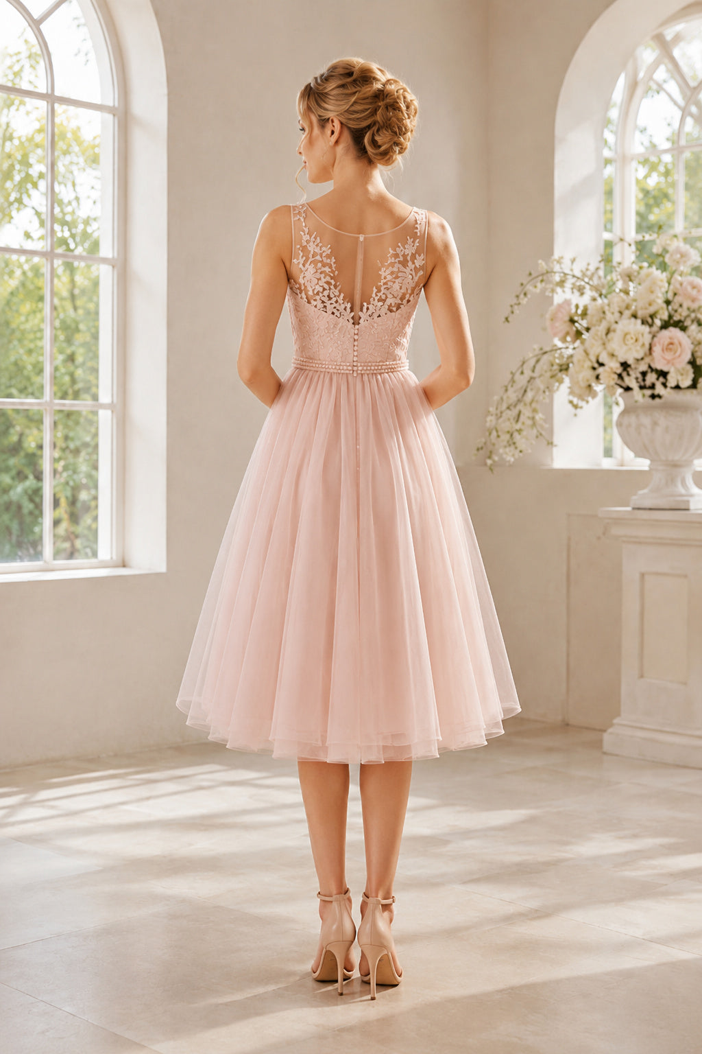 Blushing Pink High Neck Tea-Length Wedding Dress with Lace Bodice back view