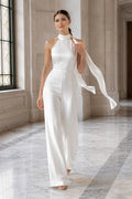 White Halter Bridal Jumpsuit with Flowing Neck Ties front view