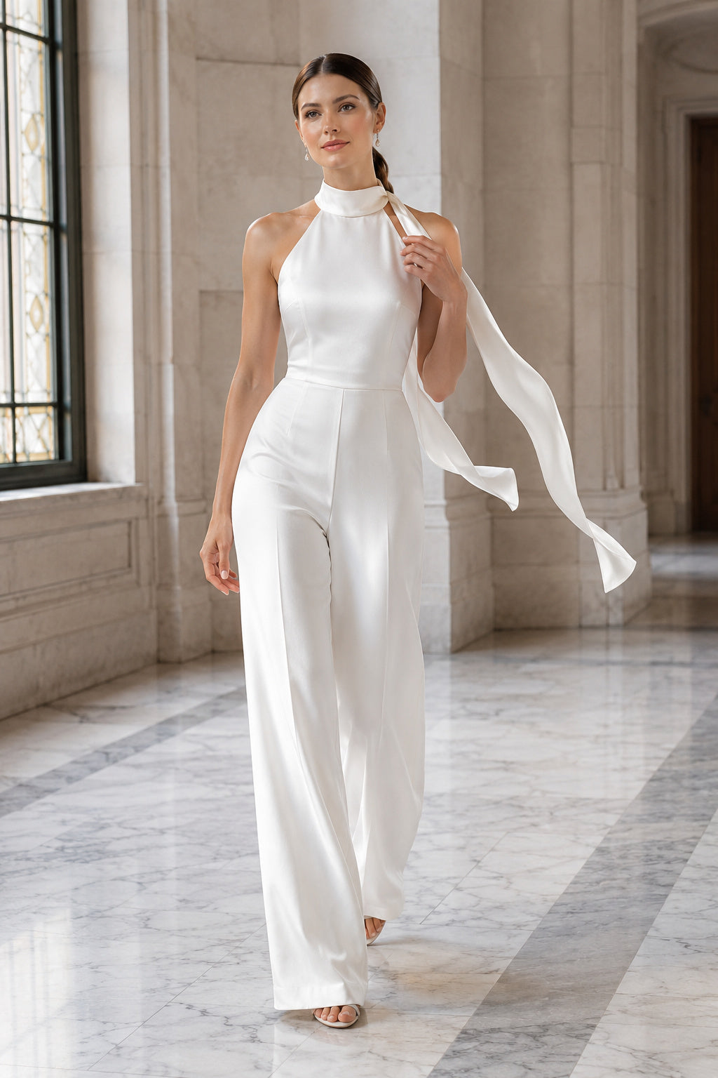 White Halter Bridal Jumpsuit with Flowing Neck Ties front view
