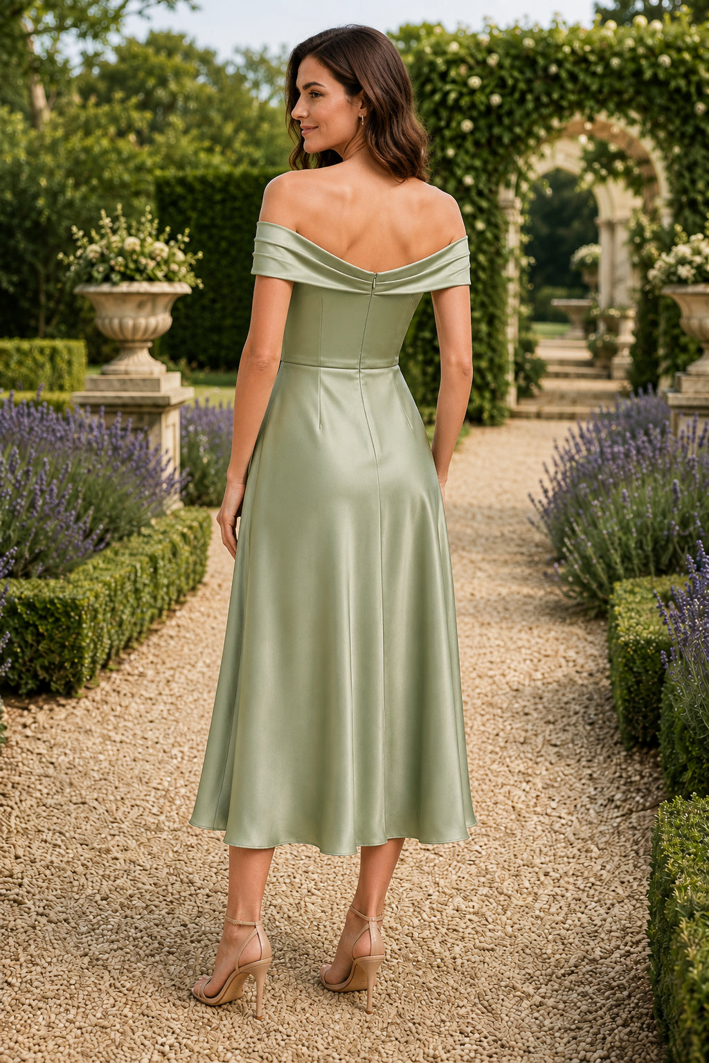 Sage Garden Wedding Guest Sheath Dress back view