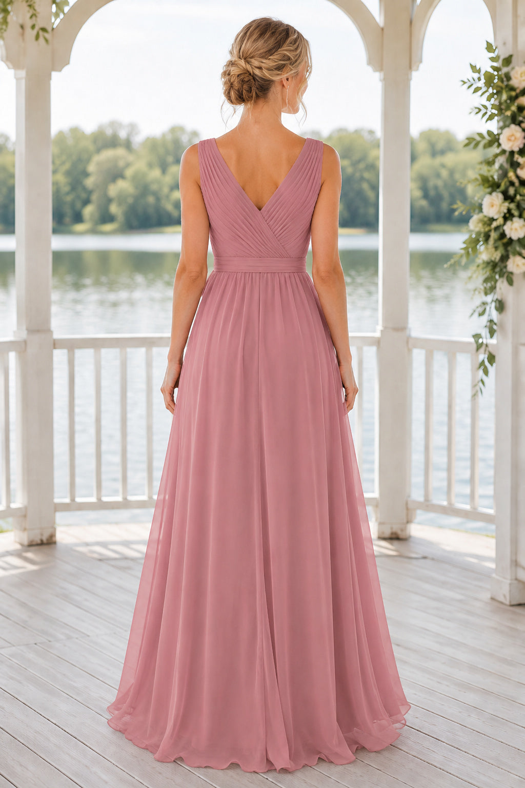 Dusty Rose Sleeveless Chiffon A-Line Bridesmaid Dress with V-Neck Sash and Draped Skirt back view