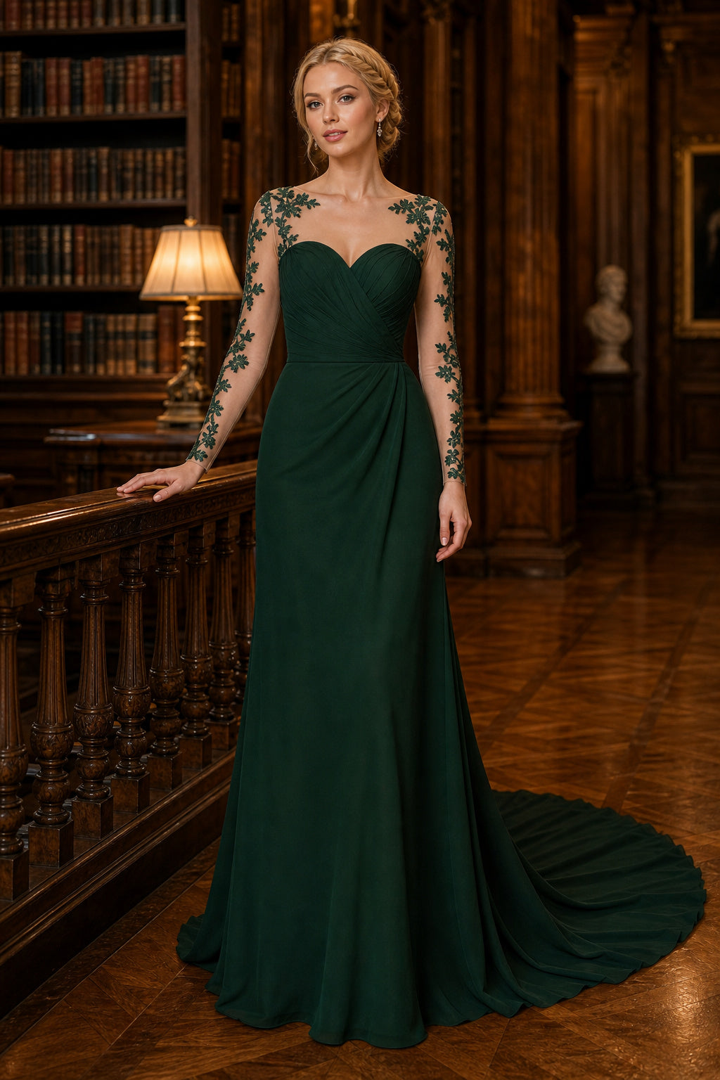 Emerald Illusion Long Sleeve Mermaid Floor-Length Dress With Lace Bodice