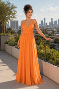 Orange V-neck Sleeveless A-Line Chiffon Floor-Length Dress With Open Back