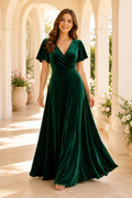 Dark Green V-Neck Flutter Sleeve Velvet A-Line Evening Dress with Side Draping front view
