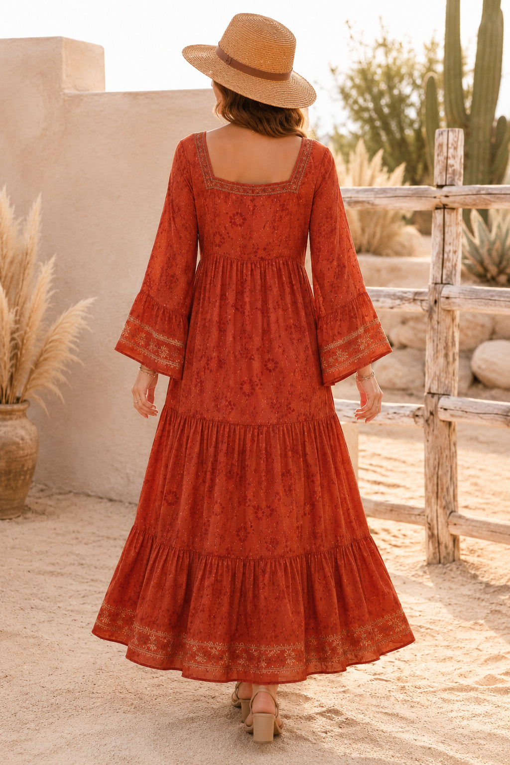 Orange Square Neck Boho Guest Dress with Bell Sleeves and Tiered Midi Skirt for Garden Reception Party back view