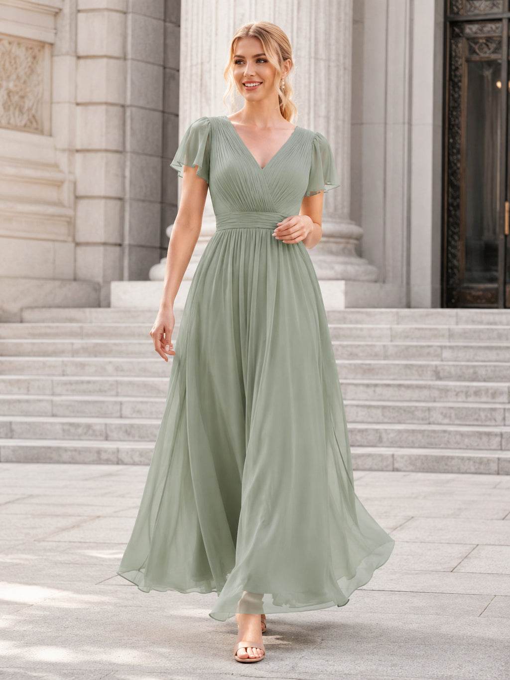 City Hall Cocktail Sage Romantic Elegant A-Line Chiffon Bridesmaid Dress with V-Neck Short Sleeve Tea-Length Low Back front v