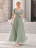 City Hall Cocktail Sage Romantic Elegant A-Line Chiffon Bridesmaid Dress with V-Neck Short Sleeve Tea-Length Low Back front v