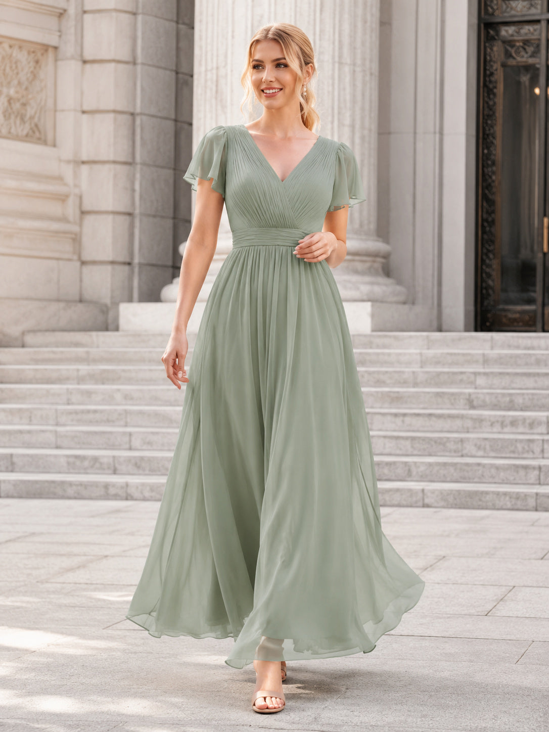 City Hall Cocktail Sage Romantic Elegant A-Line Chiffon Bridesmaid Dress with V-Neck Short Sleeve Tea-Length Low Back front v
