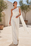 White One Shoulder Cape Satin Wedding Jumpsuit Style 720376 front view