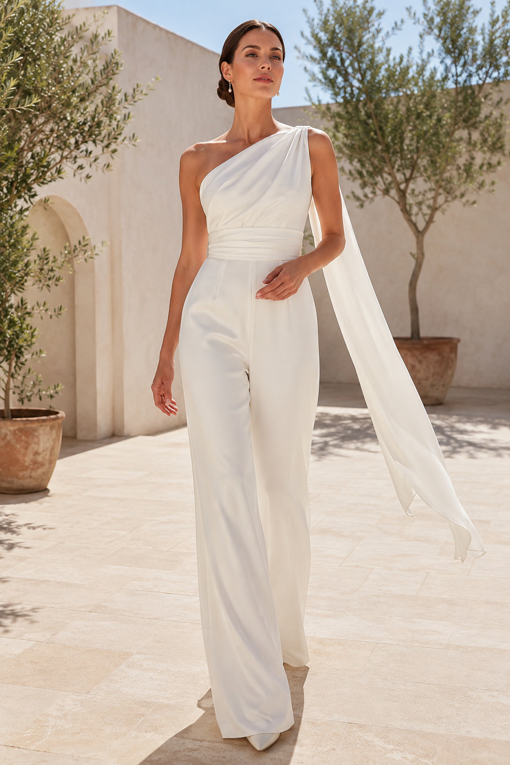 White One Shoulder Cape Satin Wedding Jumpsuit Style 720376 front view