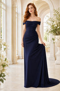 Dark Navy Off-the-Shoulder Ruched Mermaid Formal Dress with Draped Bodice and Sweep Train front view